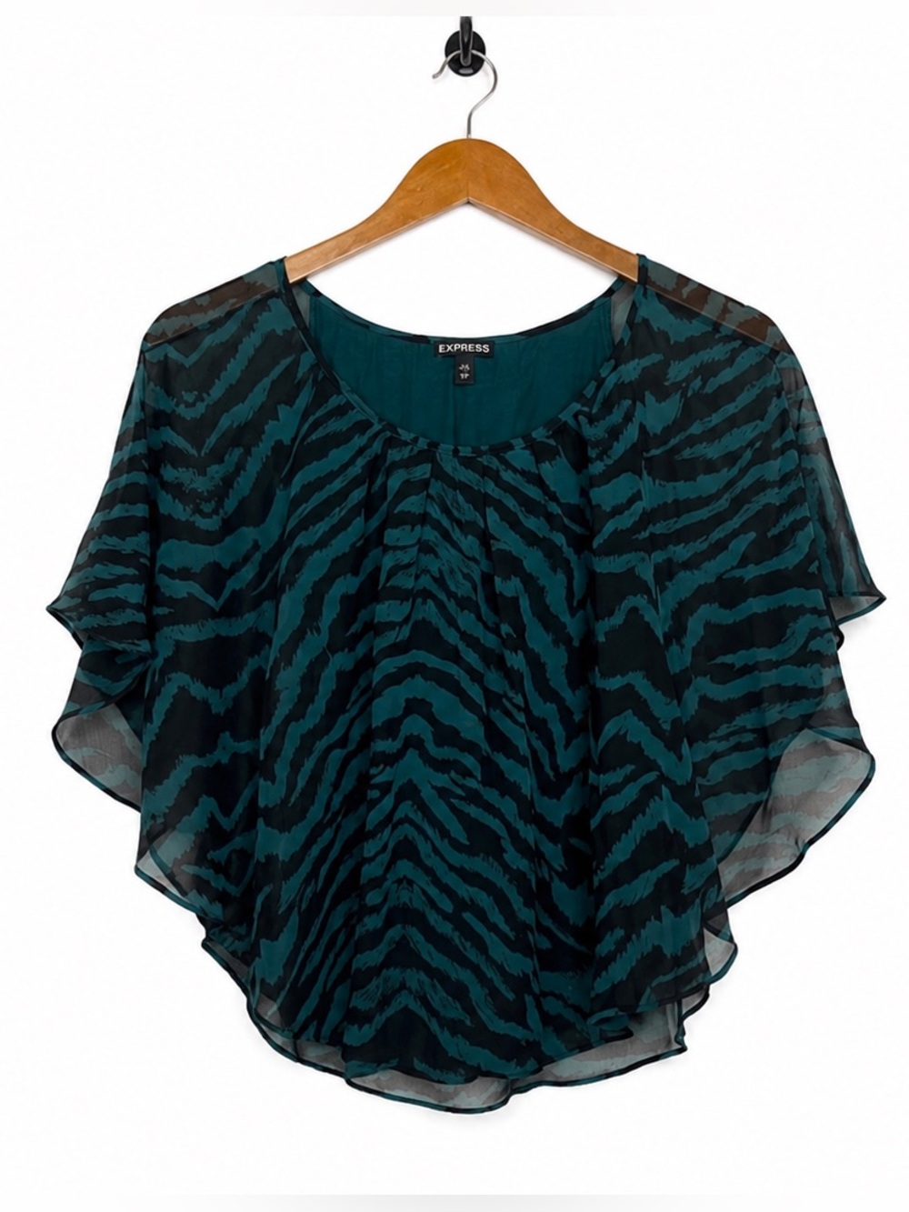 Express XS Teal Black Zebra Print Sheer Overlay Dolman Flutter Sleeve Top